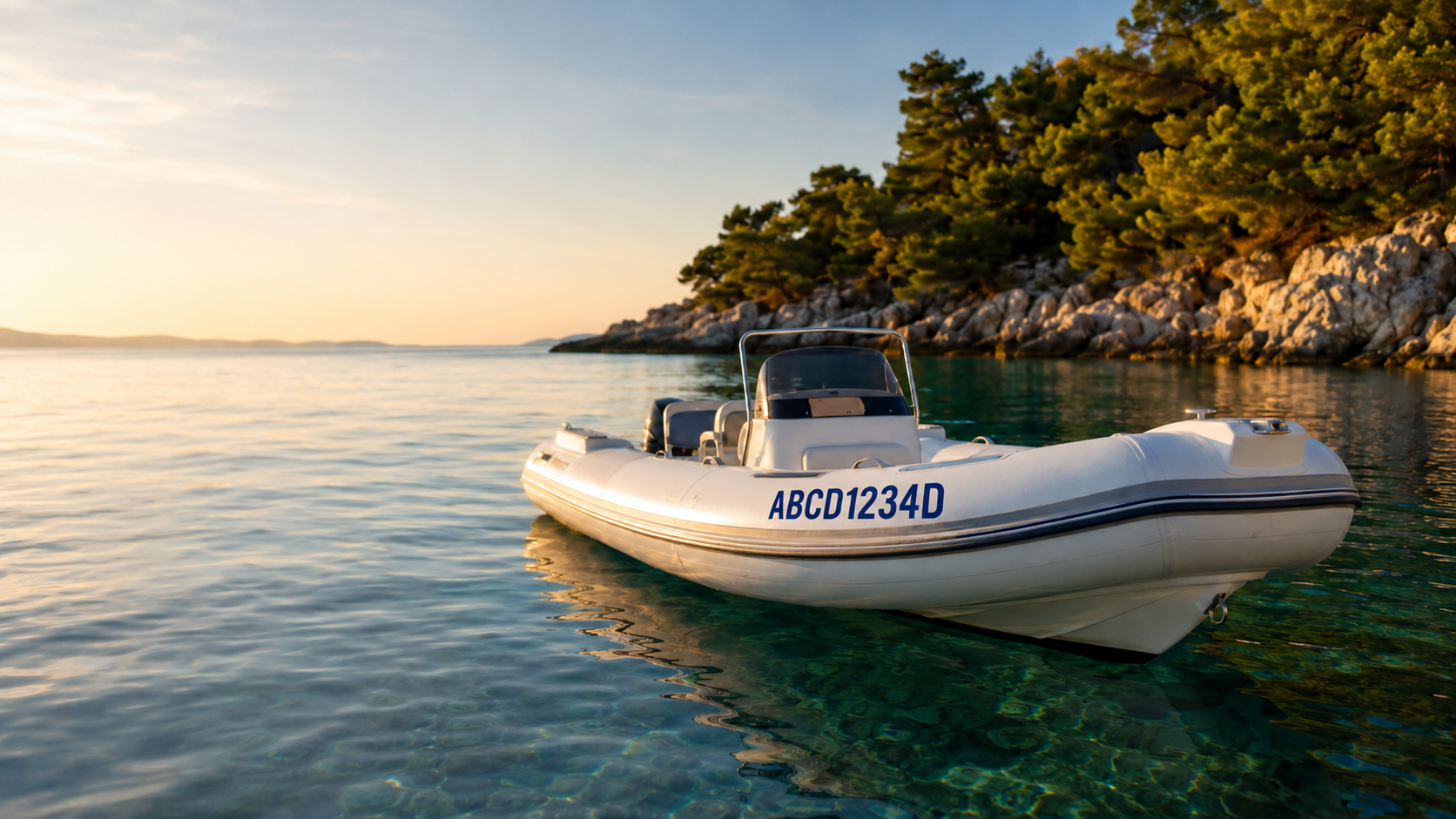 Esempio illustrativo di sigla ABCD1234D su un gommone